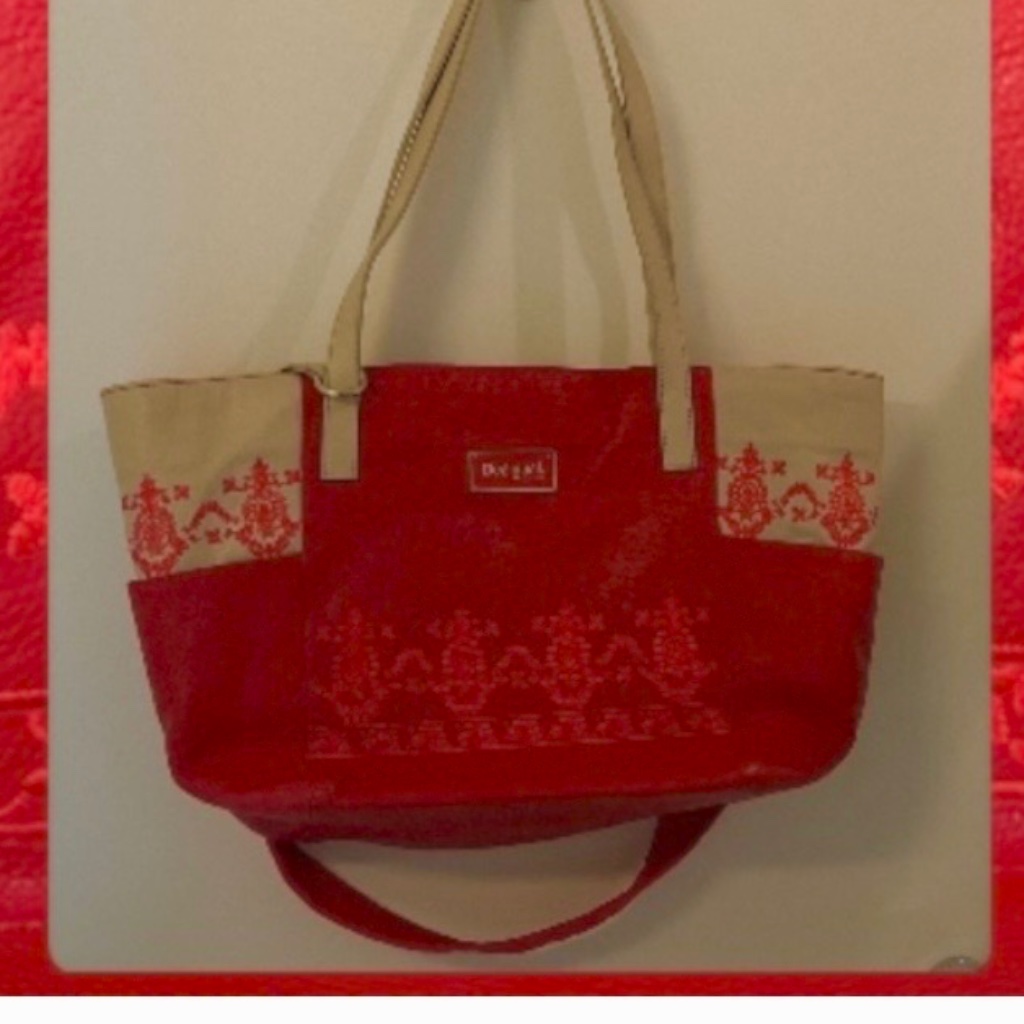 Desigual Large Red Leather Beautifully Embroidered Bag